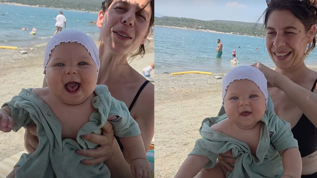 İlker Aksum'un minik kızı Lila denizle tanıştı! Sevimli halleri beğeni topladı