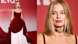 Margot Robbie'nin Paris prömiyerindeki bordo zarafeti