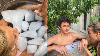 Çağla Şıkel oğlu Kuzey ile korkularını yenmek için buz dolu fıçıya girdi