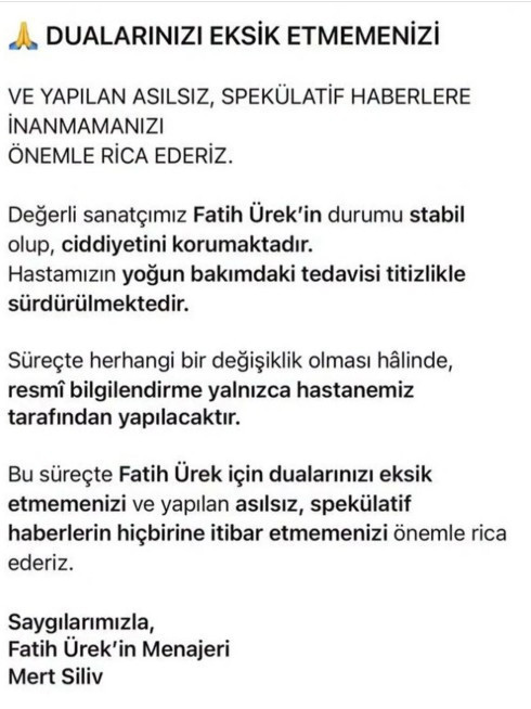 Fatih Ürek'in sağlık durumuyla ilgili son açıklama: Dualarınızı eksik etmeyin - Resim : 1