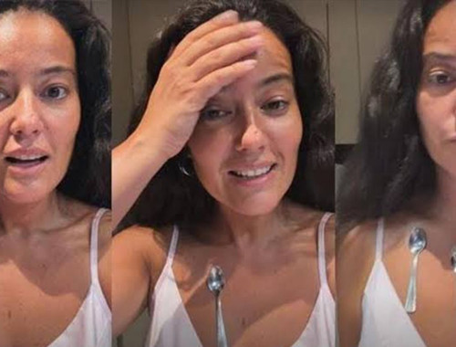 Metal kaşıklar Pelin Akil'in vücuduna yapıştı