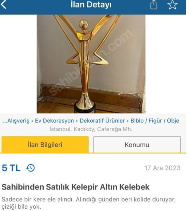 Mabel Matiz 'Altın Kelebek' ödülünü 5 TL'ye satışa çıkardı: Sahibinden, çizik bile yok - Resim : 1