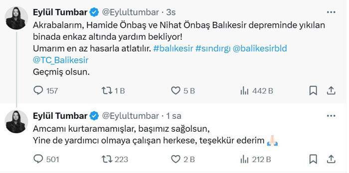 Oyuncu Eylül Tumbar'ın acı günü: Amcası depremde yaşamını yitirdi - Resim : 1